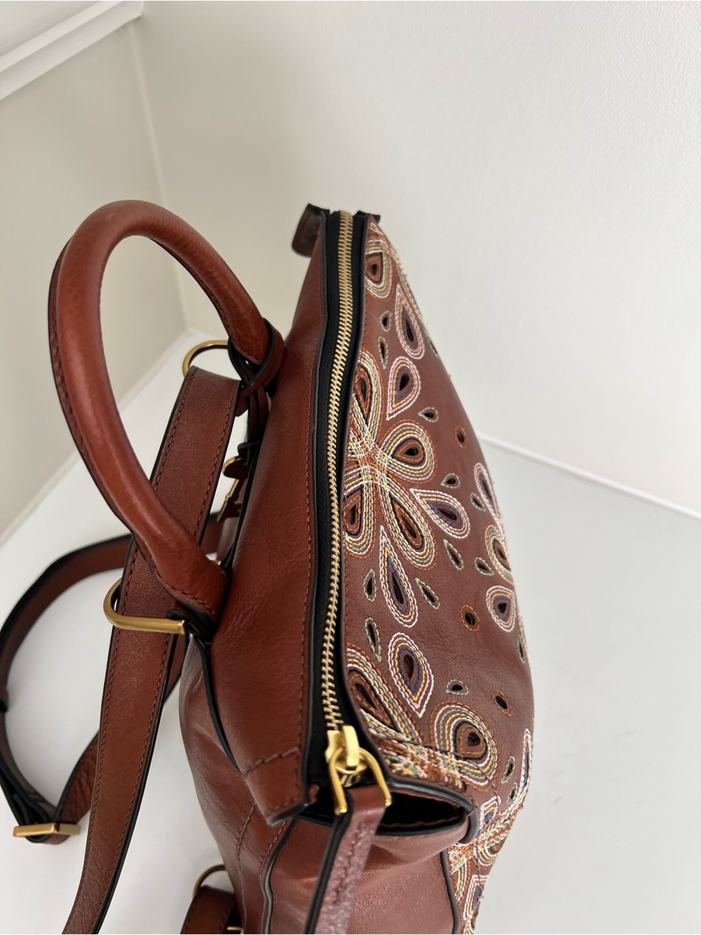 Fossil Brown Leather Satchel with Multicolor Embroidered Florals - Picture 9 of 13
